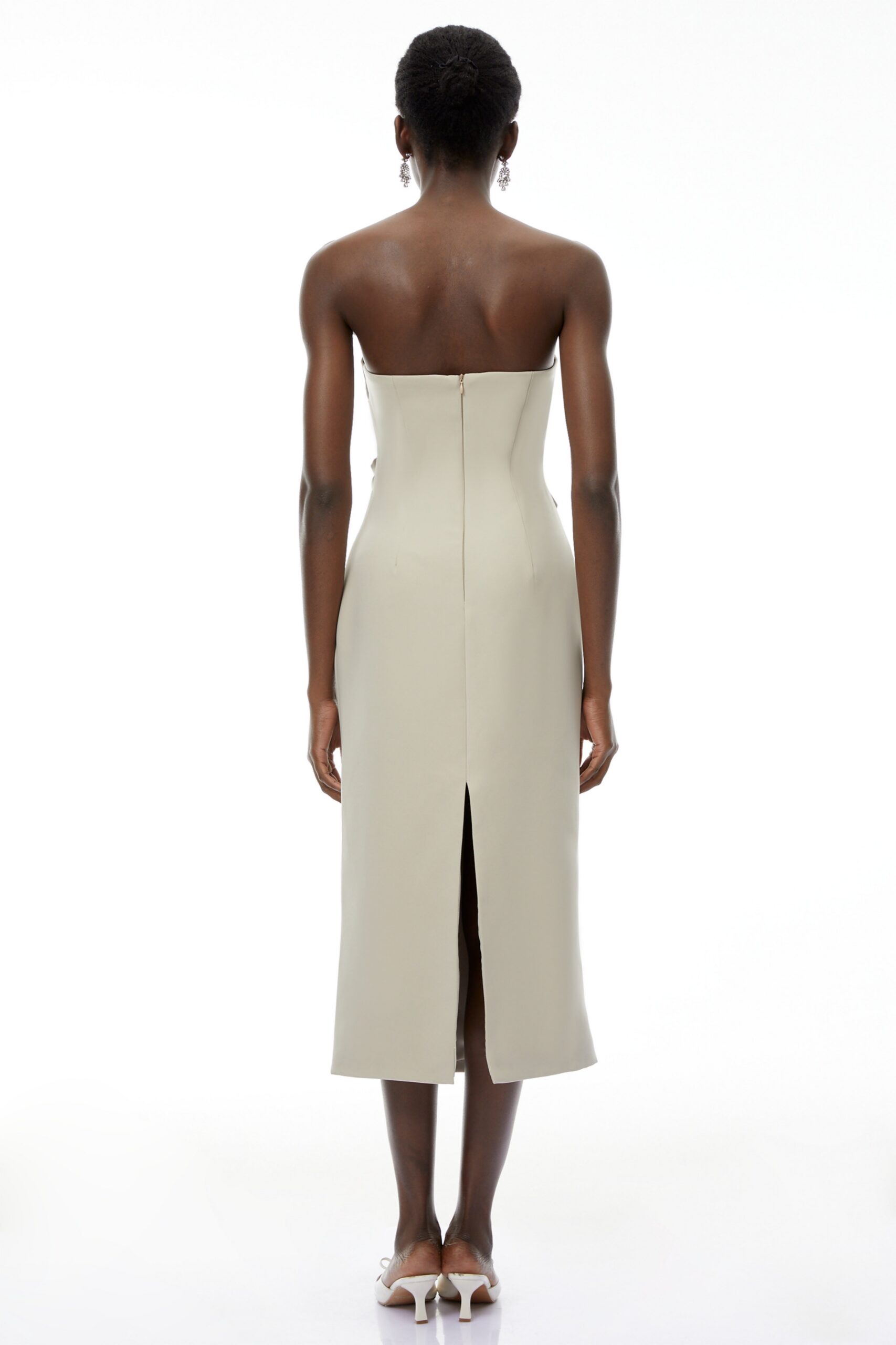 ANGELA ASYMMETRICAL OFF-SHOULDER MIDI DRESS KHAKI