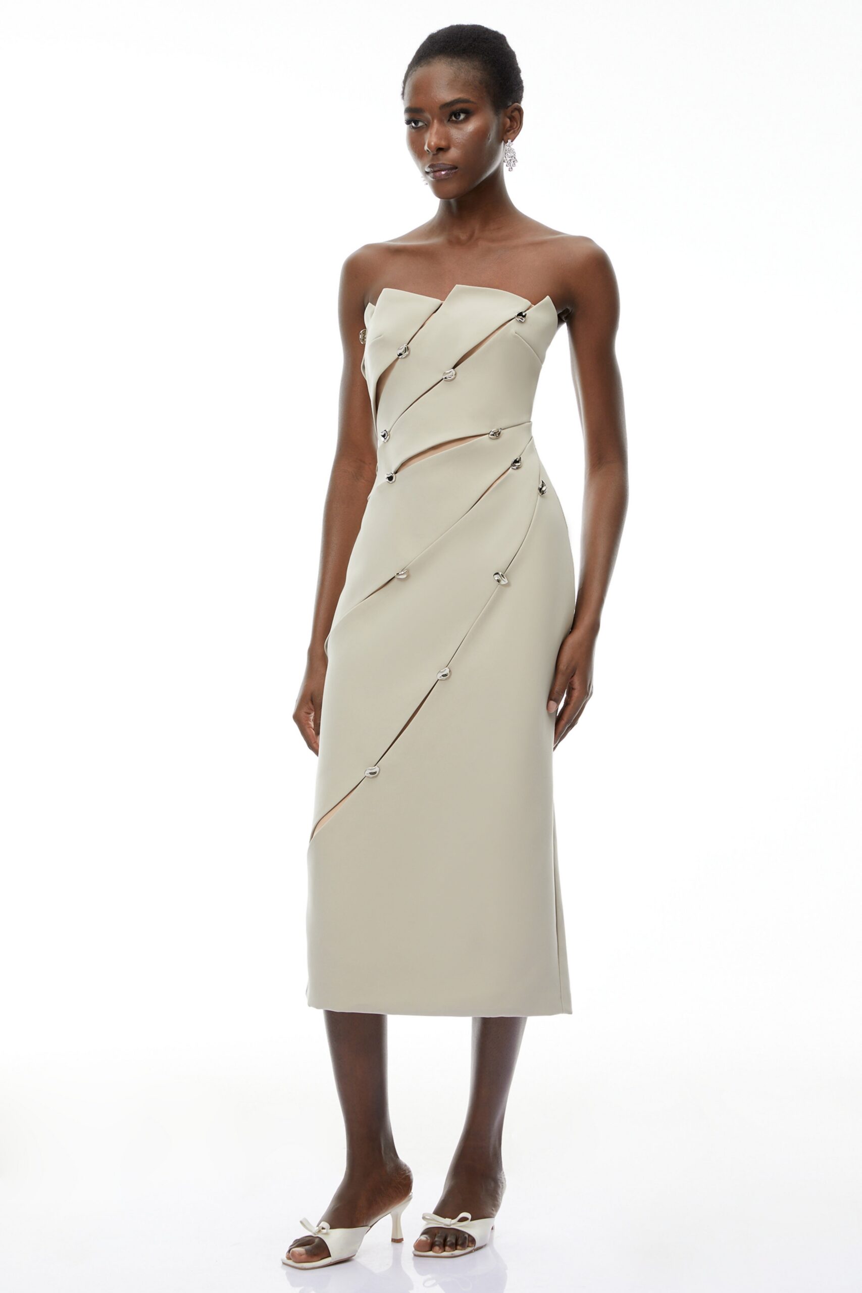ANGELA ASYMMETRICAL OFF-SHOULDER MIDI DRESS KHAKI