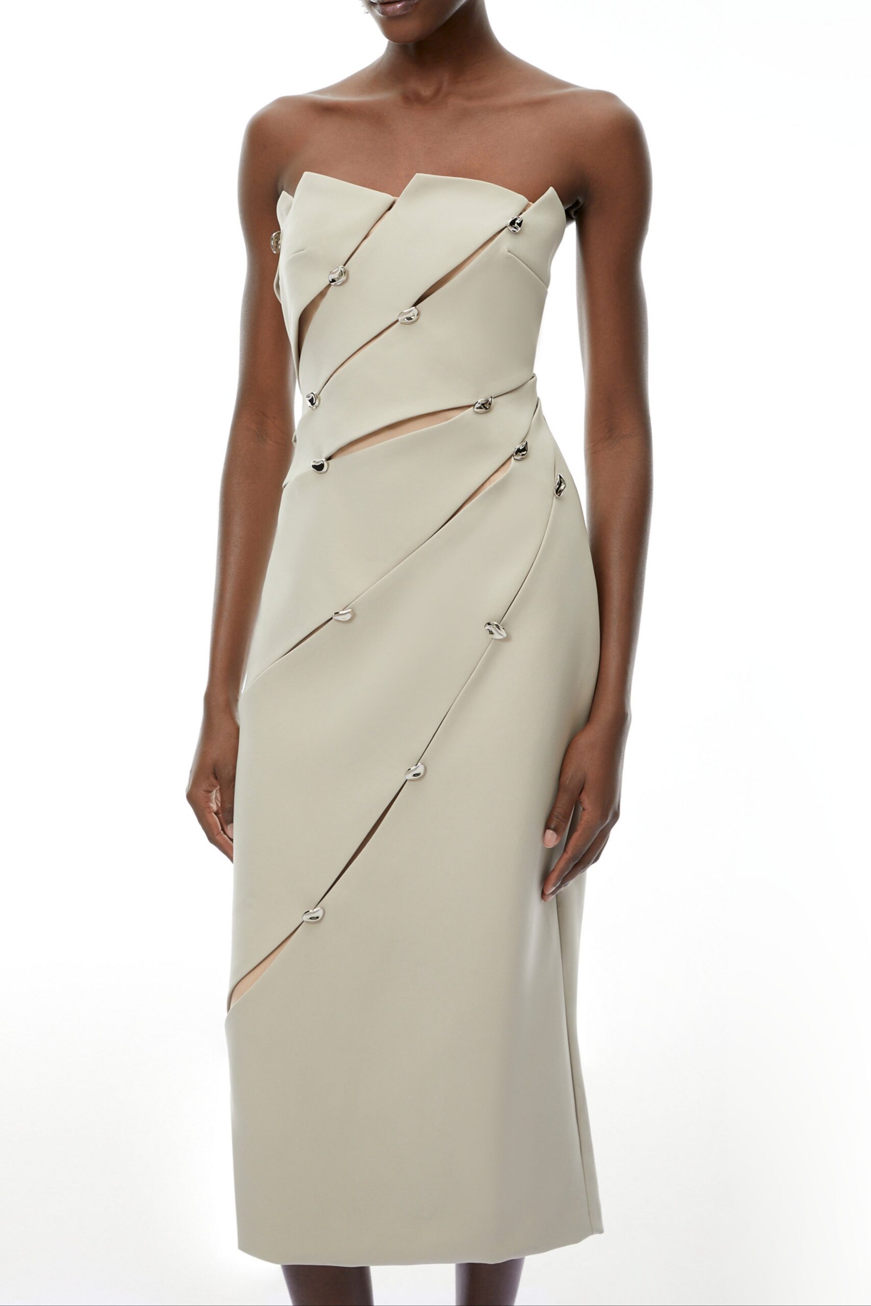 ANGELA ASYMMETRICAL OFF-SHOULDER MIDI DRESS KHAKI