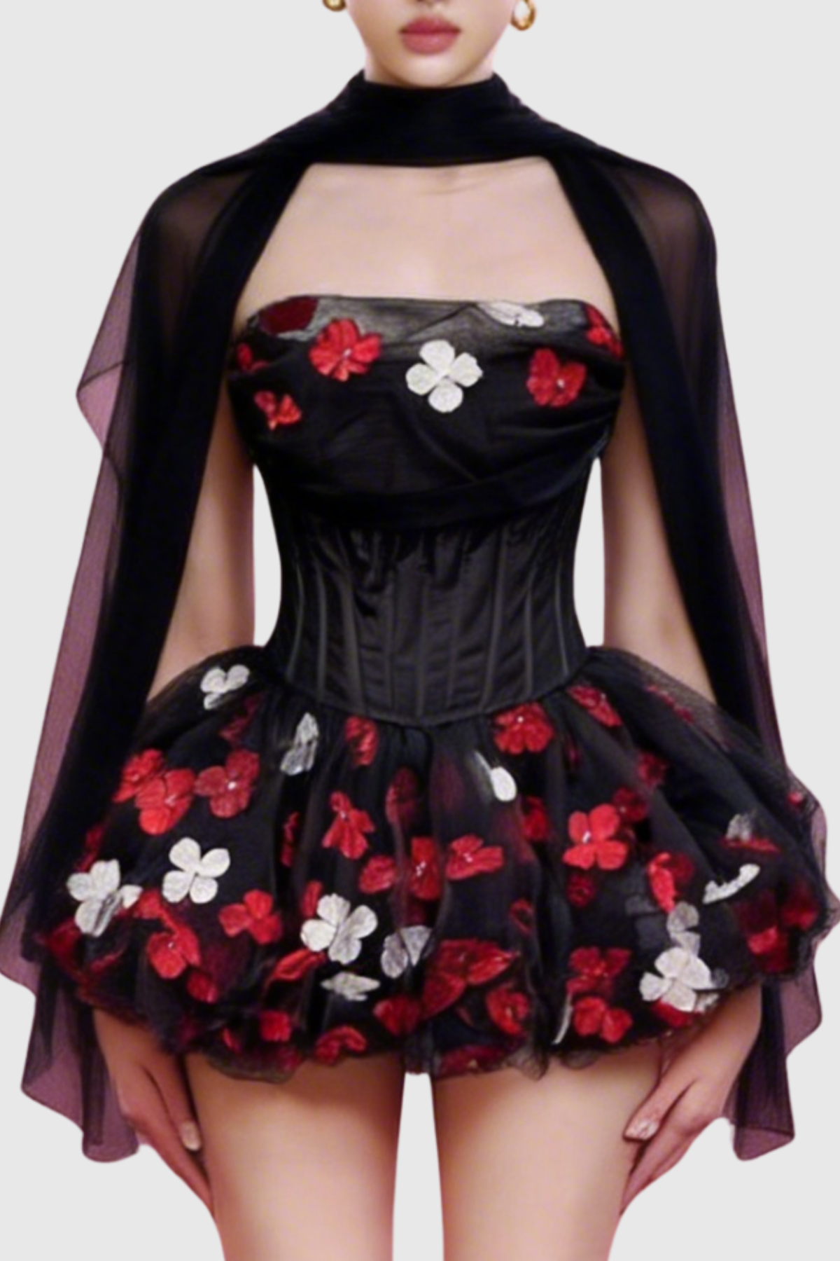 ROXYA FLORAL STRAPLESS CORSET MINI DRESS BLACK