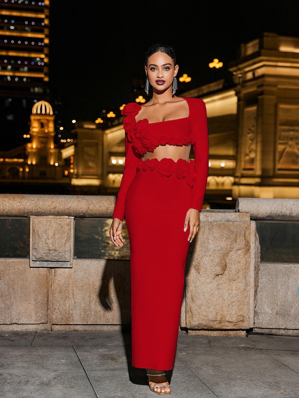 RUFUS RED BANDAGE SKIRT SET, FLORAL PARTY STYLE