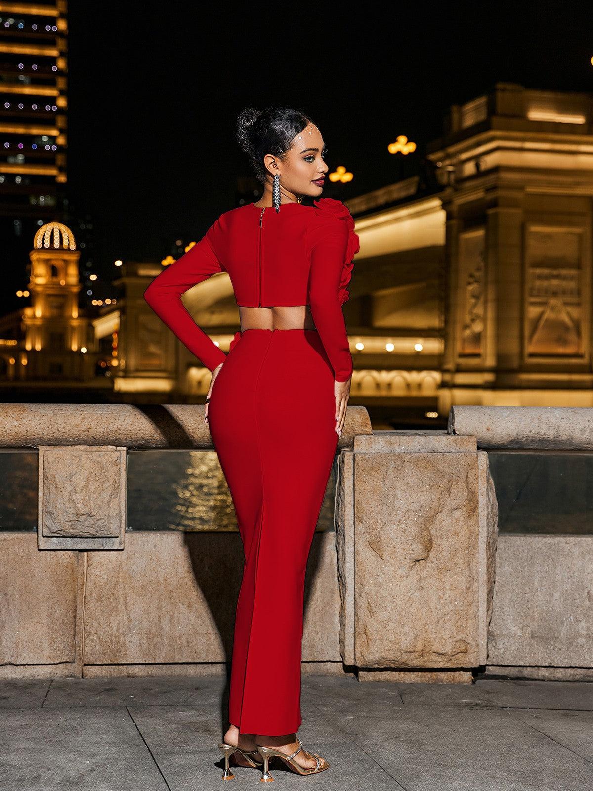 RUFUS RED BANDAGE SKIRT SET, FLORAL PARTY STYLE