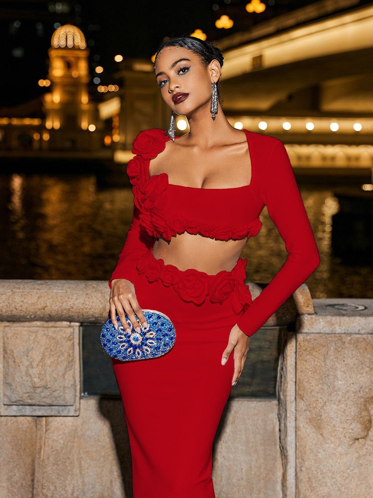 RUFUS RED BANDAGE SKIRT SET, FLORAL PARTY STYLE