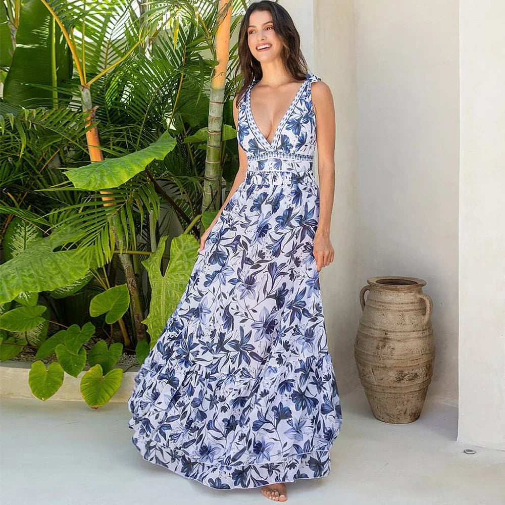V-NECK LACE PRINTED SWIMSUIT & SKIRT SET