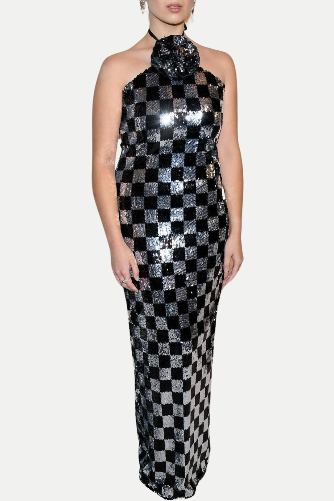 AMERICAN CHECKERED FLOWER HALTER MAXI DRESS