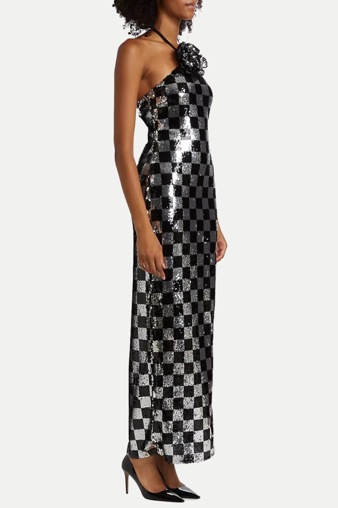 AMERICAN CHECKERED FLOWER HALTER MAXI DRESS