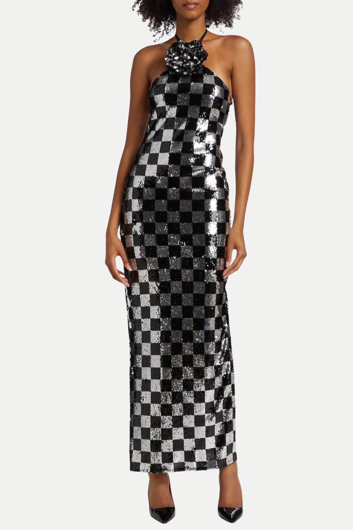 S2501000014 AMERICAN CHECKERED FLOWER HALTER MAXI DRESS