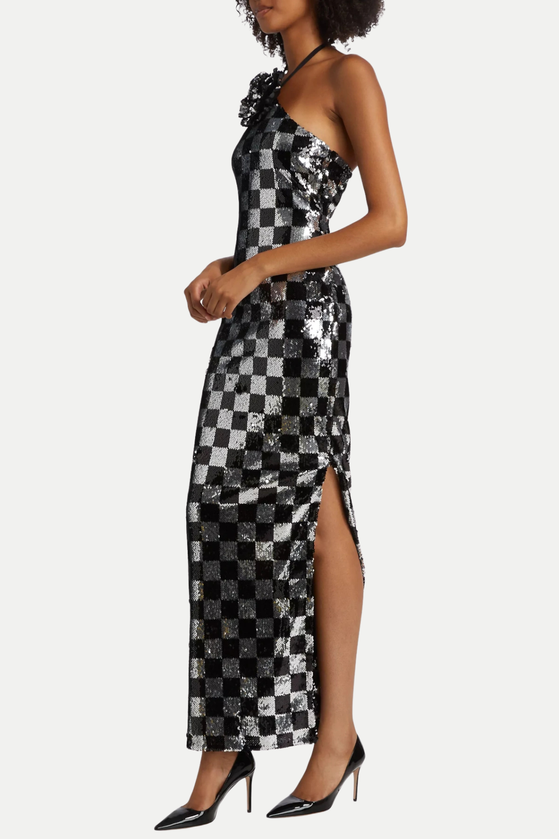 AMERICAN CHECKERED FLOWER HALTER MAXI DRESS