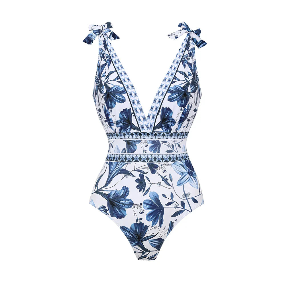 V-NECK LACE PRINTED SWIMSUIT & SKIRT SET