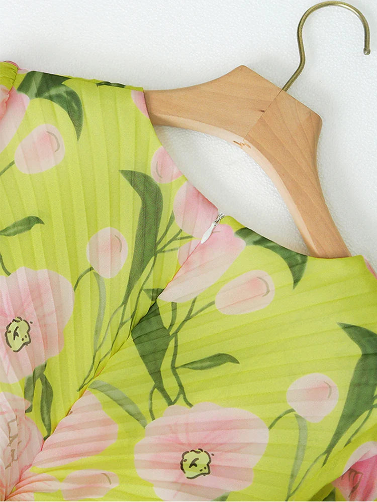 FLORAL PLEATED LANTERN SLEEVE MAXI DRESS YELLOW