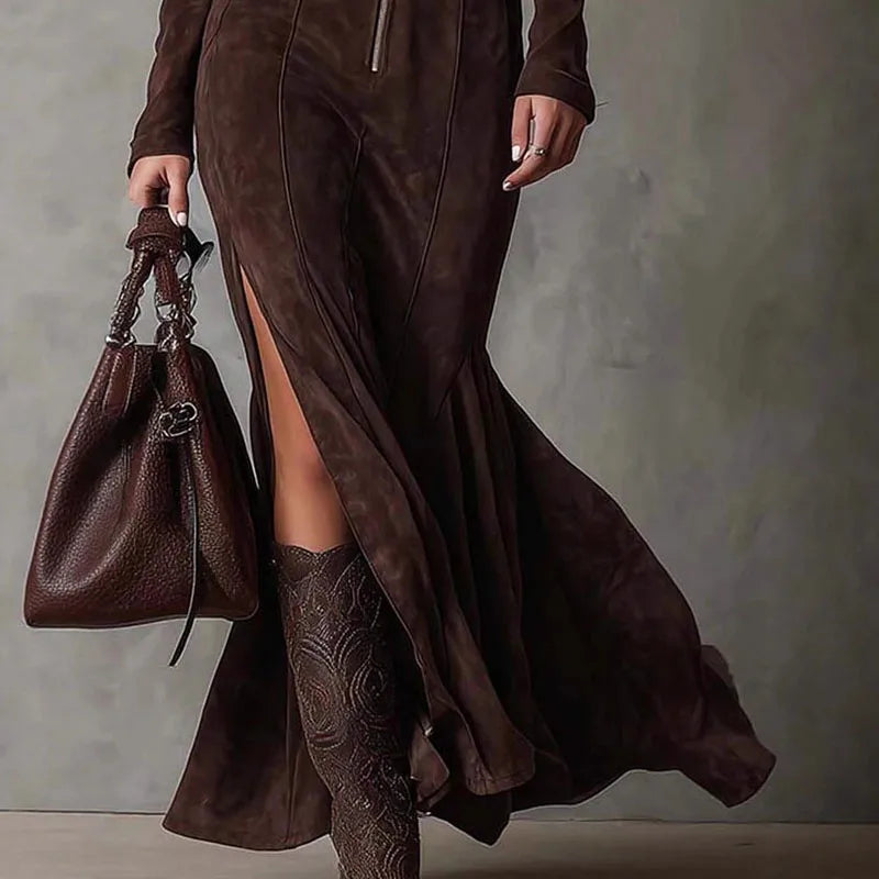 BELTED SOLID SLIM MAXI DRESS, LONG SLEEVE