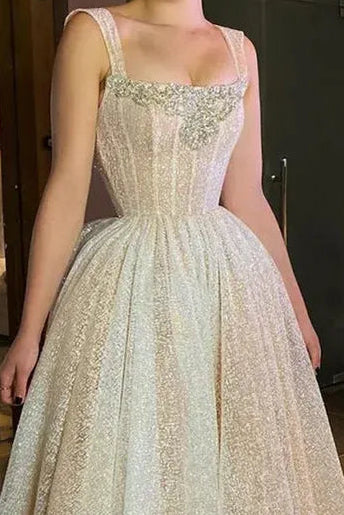 A-LINE CHAMPAGNE GLITTER SLEEVELESS WEDDING DRESS