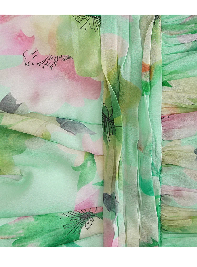 V-NECK FLORAL CHIFFON MAXI DRESS GREEN