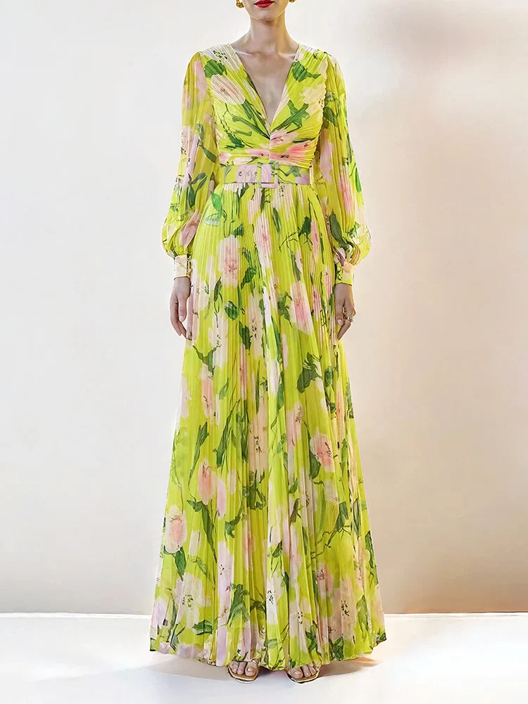 FLORAL PLEATED LANTERN SLEEVE MAXI DRESS YELLOW