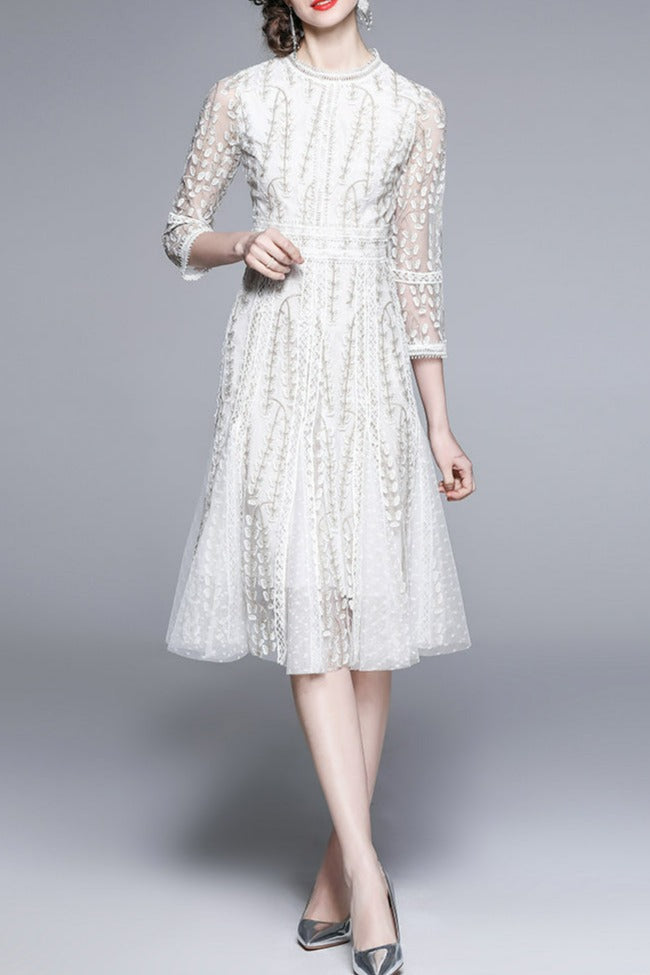 WHITE LACE EMBROIDERED MIDI DRESS FOR WEDDING GUEST