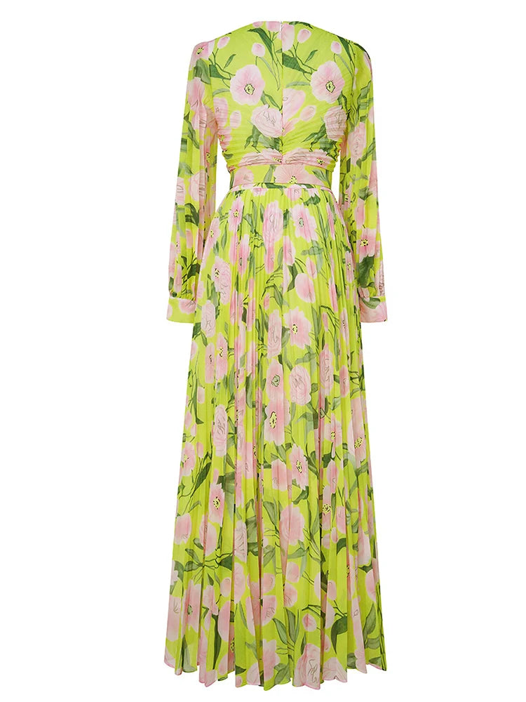 FLORAL PLEATED LANTERN SLEEVE MAXI DRESS YELLOW