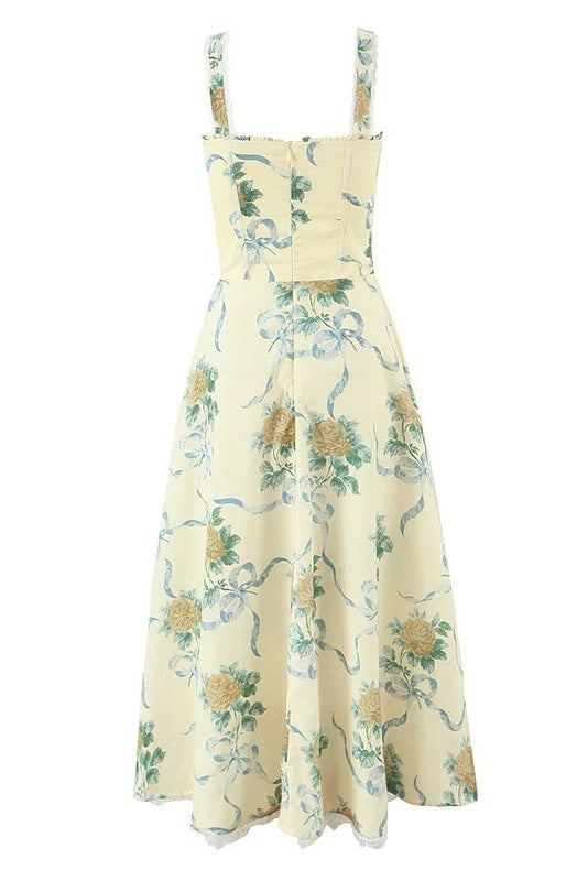 YELLOW FLORAL SWEETHEART MIDI DRESS FOR WEDDING GUESTS