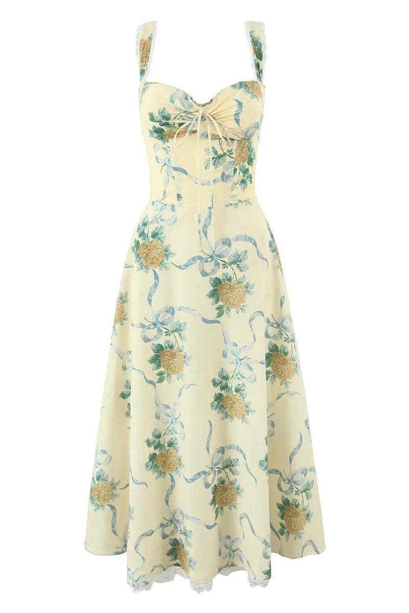 YELLOW FLORAL SWEETHEART MIDI DRESS FOR WEDDING GUESTS
