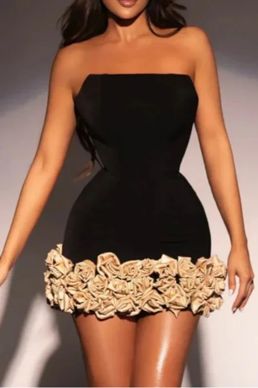 STRAPLESS GOLD 3D FLORAL MINI BANDAGE DRESS