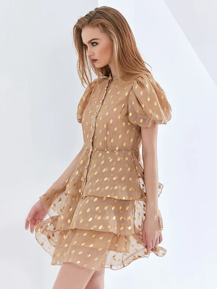 POLKA DOT LAYERED MINI DRESS, KHAKI, CASUAL