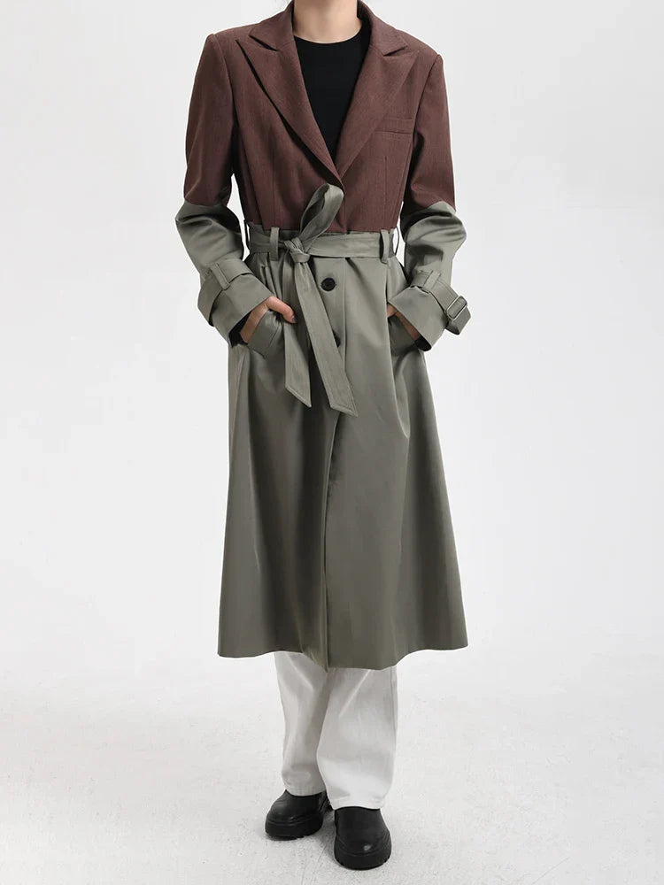 S7defbc76818e44fe9a5620ac217c3e29b BELTED BLAZER TRENCH COAT, BROWN GRAY OVERSIZED WORK
