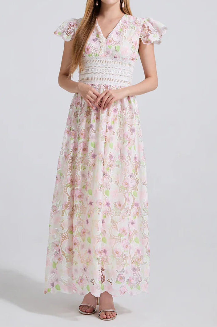FLYING SLEEVES HIGH WAIST SLIM LACE DRESS