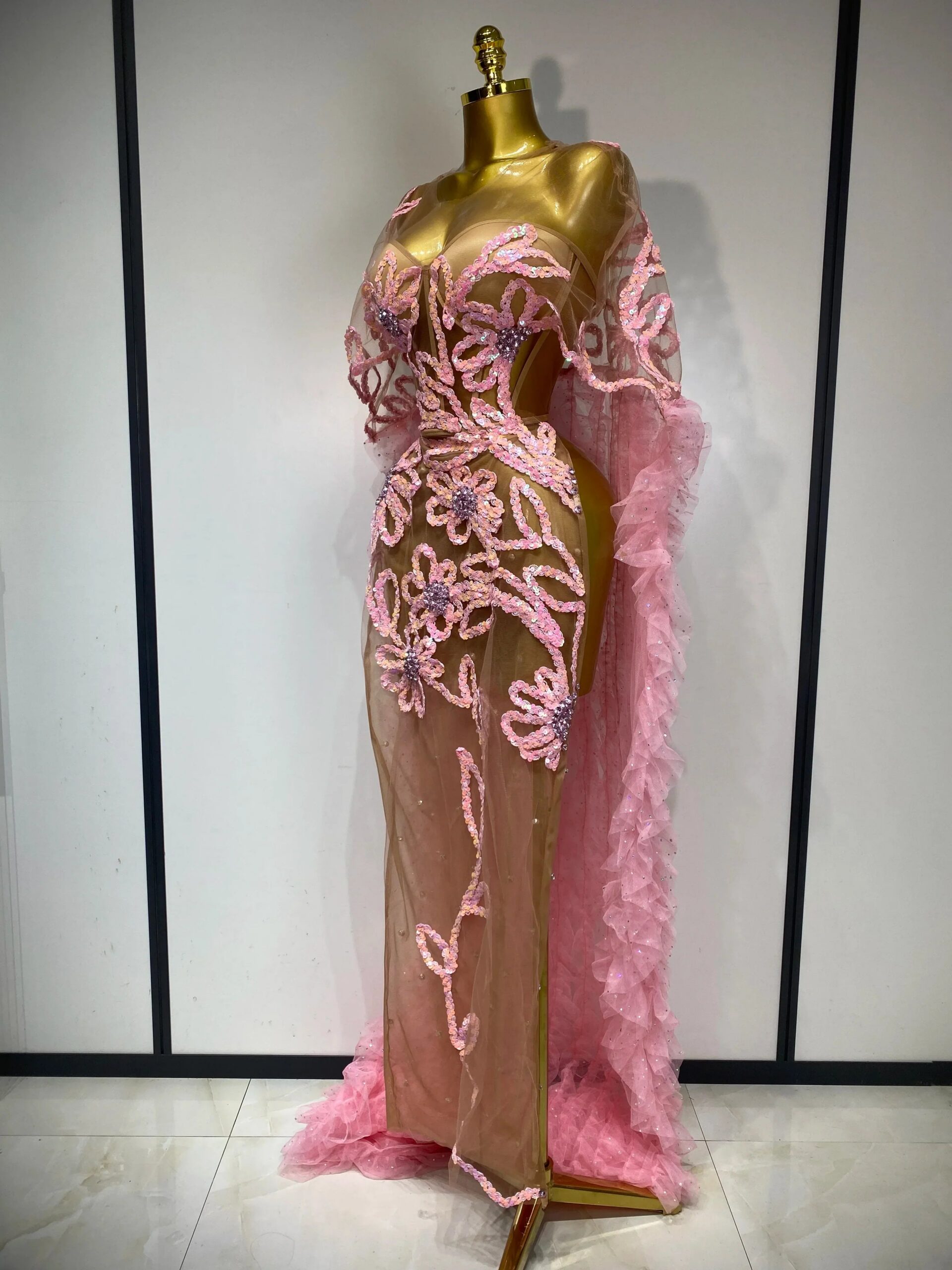 SPARKLY MESH MAXI DRESS, PINK, EVENING PARTY