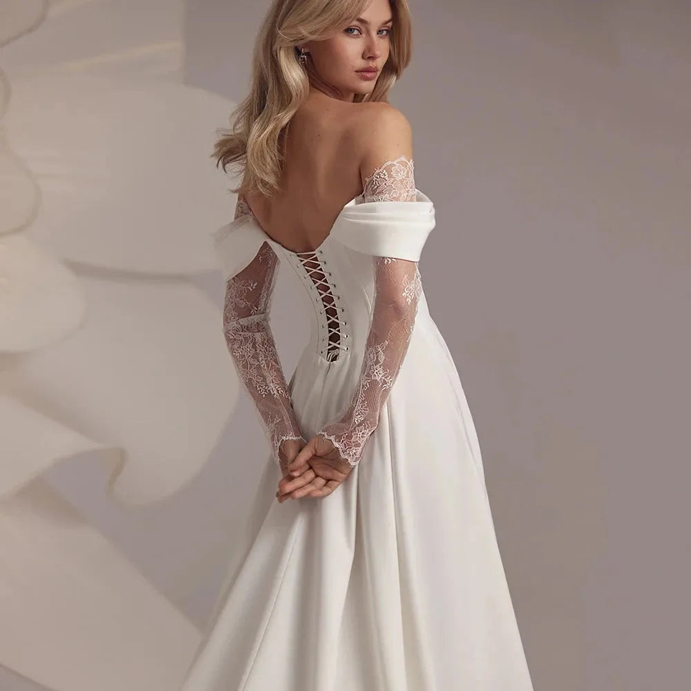 A-LINE OFF-SHOULDER SATIN LACE BRIDAL GOWN