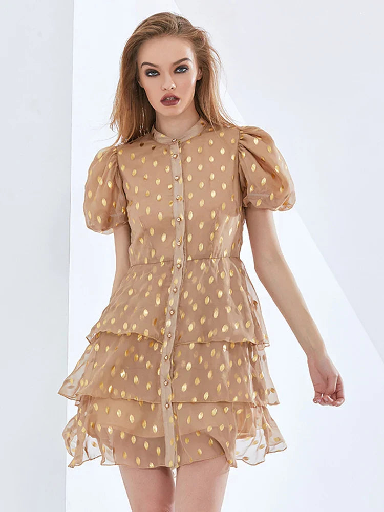 POLKA DOT LAYERED MINI DRESS, KHAKI, CASUAL