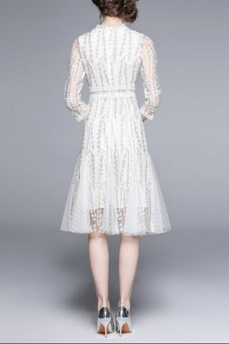 WHITE LACE EMBROIDERED MIDI DRESS FOR WEDDING GUEST
