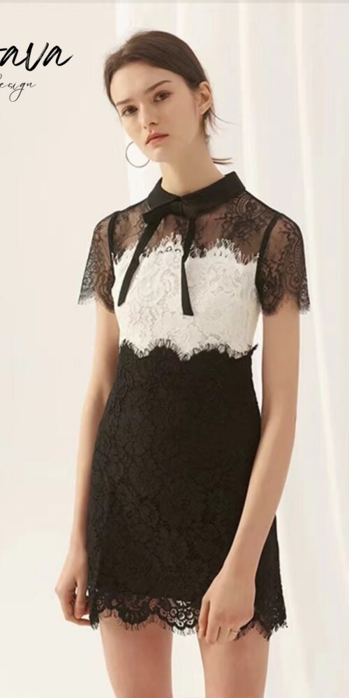Lace white and black mini dress with bow