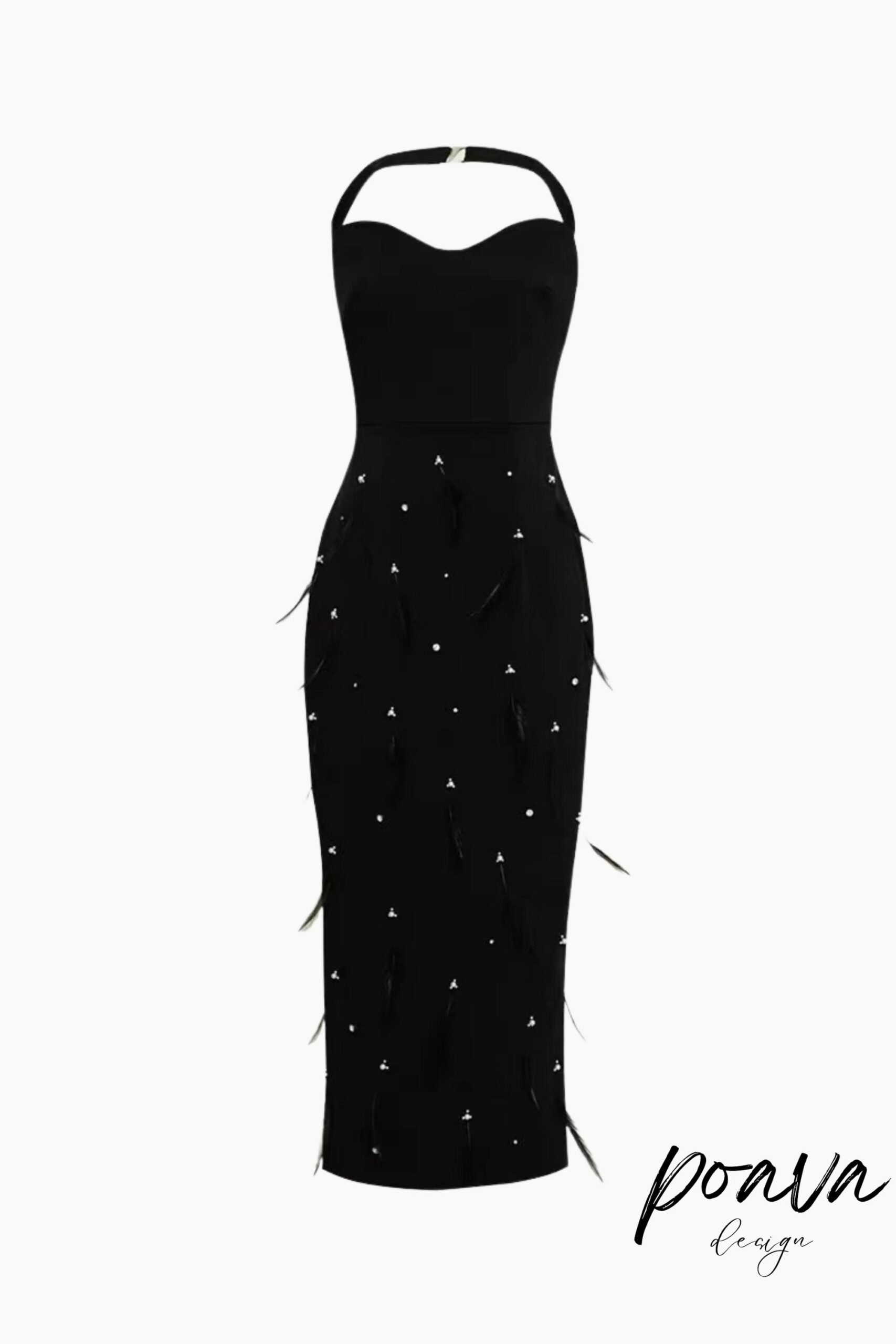 FEATHER RHINESTONE BODYCON MIDI DRESS BLACK