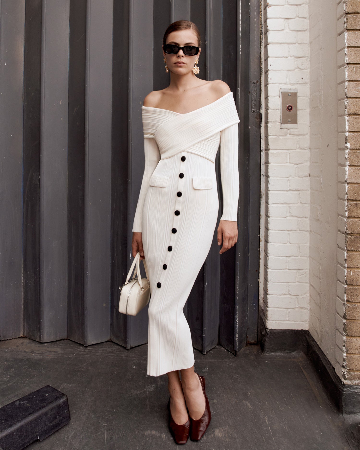 PENNY OFF-SHOULDER KNIT MIDI DRESS CREAM