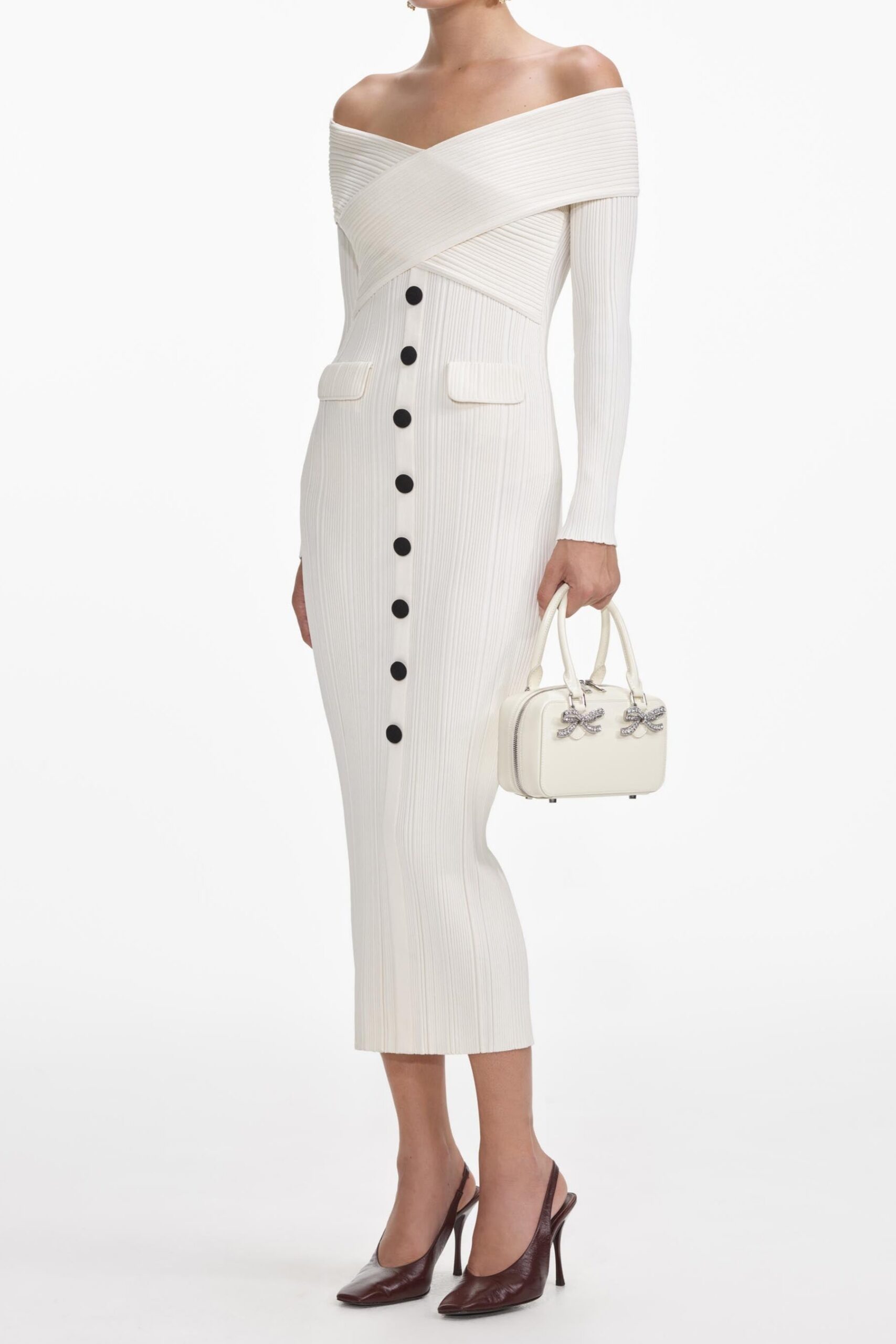 PENNY OFF-SHOULDER KNIT MIDI DRESS CREAM