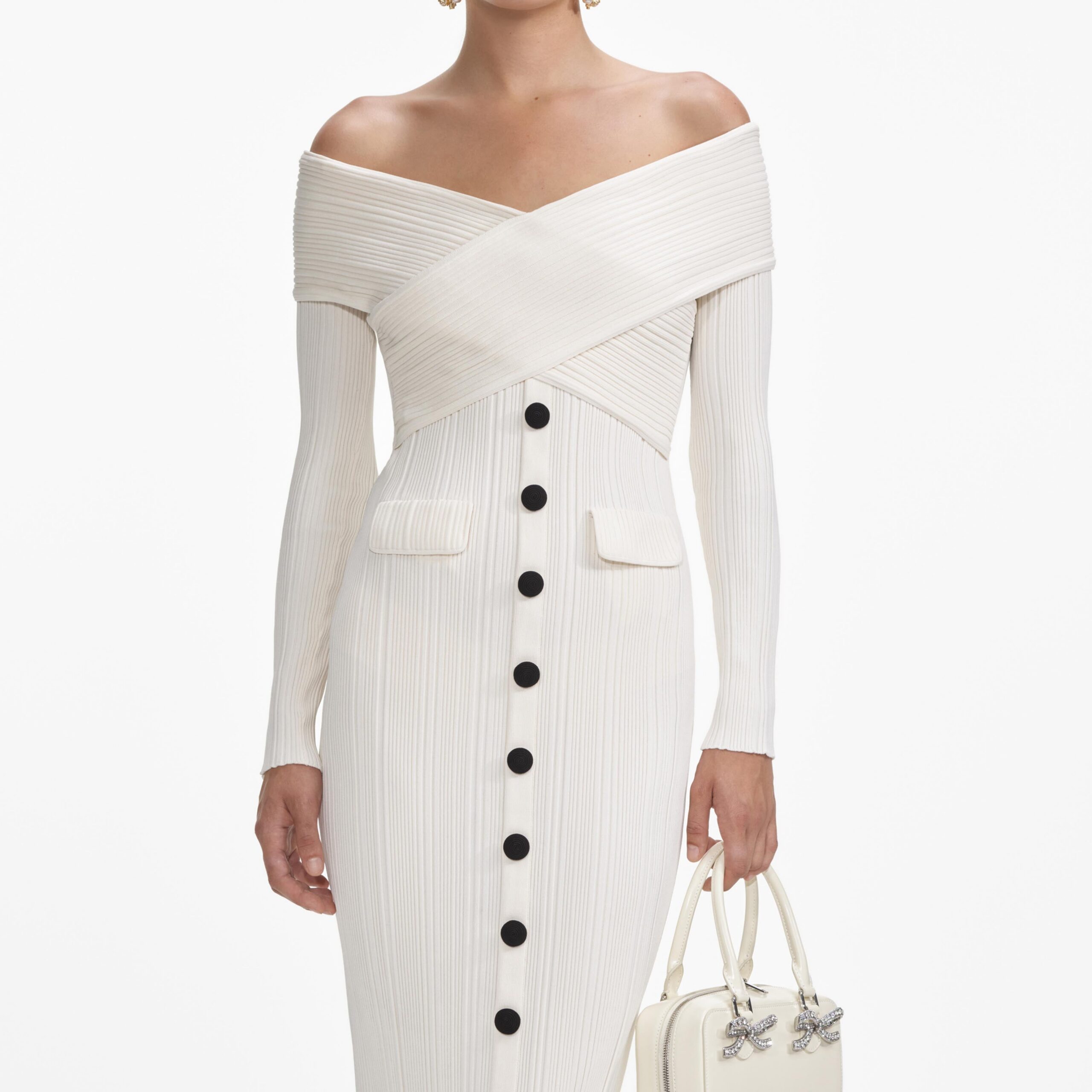 PENNY OFF-SHOULDER KNIT MIDI DRESS CREAM