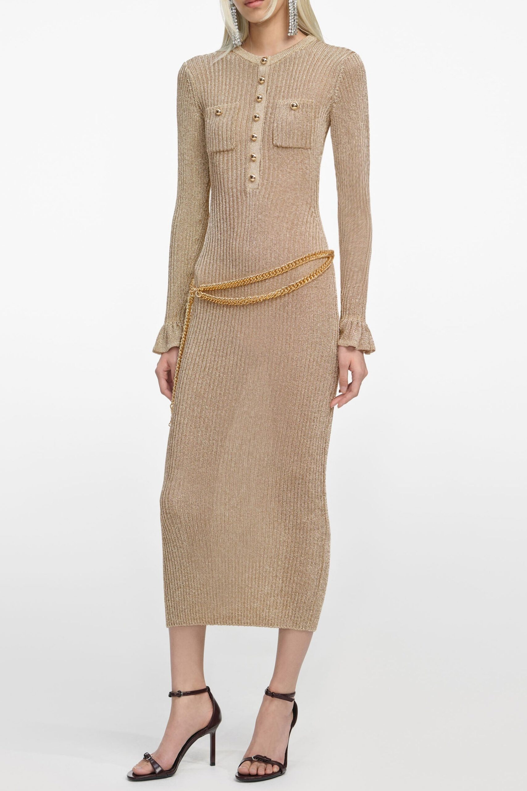 LAUREN GOLD LUREX RIBBED KNIT MIDI DRESS