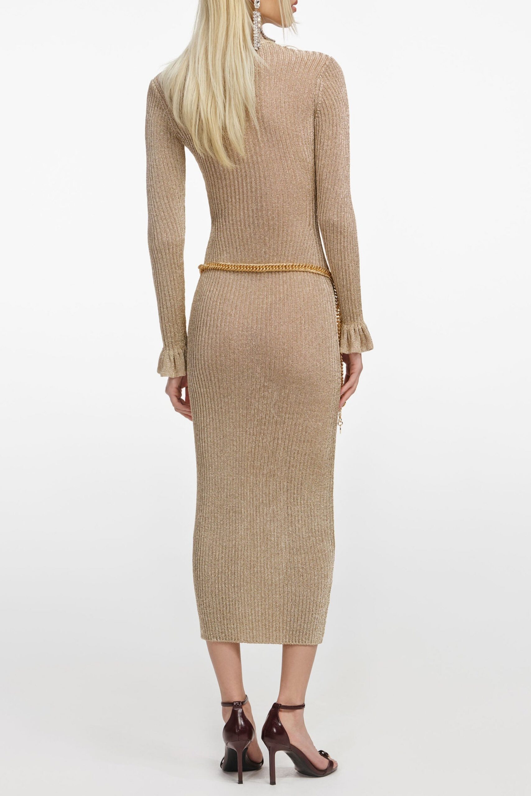 LAUREN GOLD LUREX RIBBED KNIT MIDI DRESS