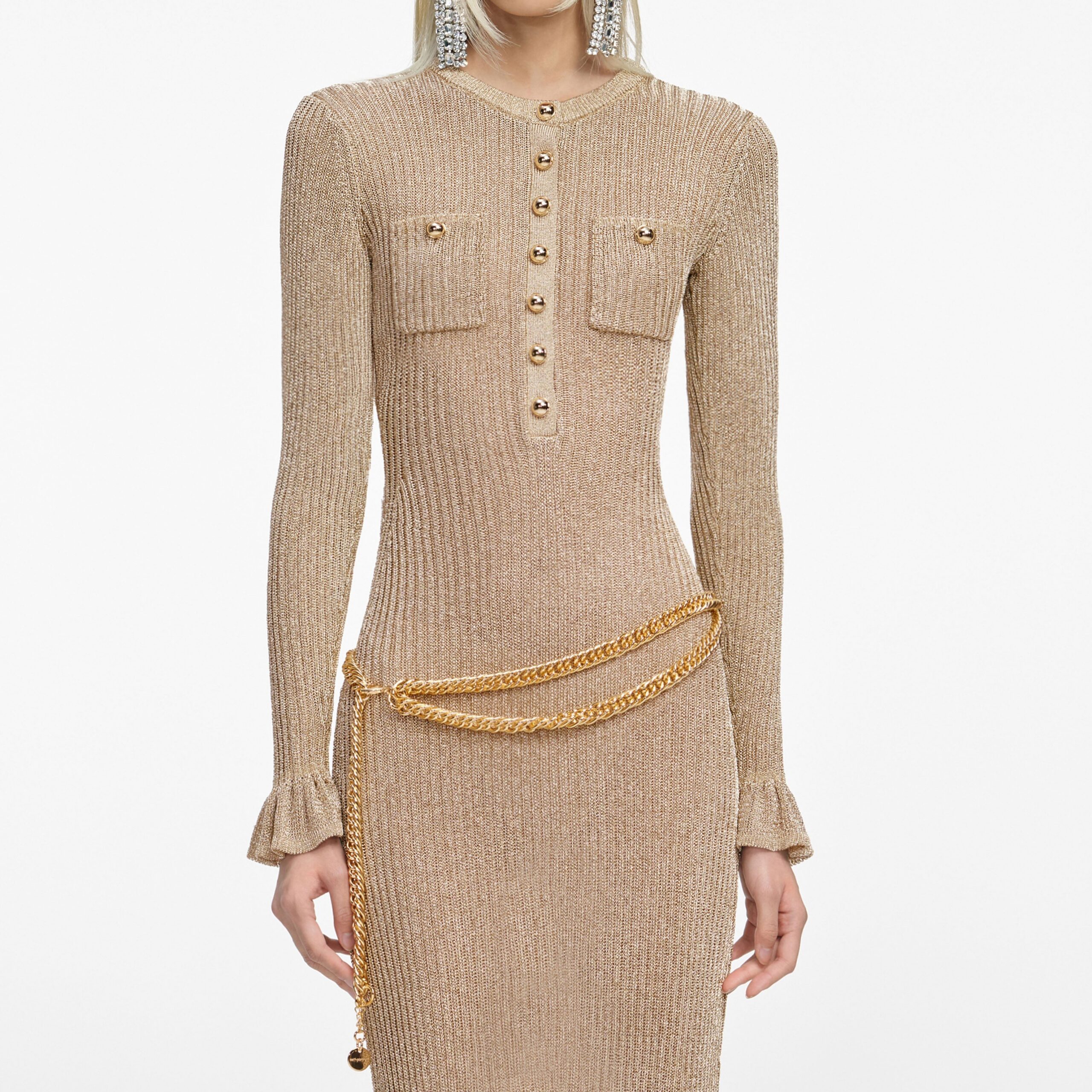 LAUREN GOLD LUREX RIBBED KNIT MIDI DRESS