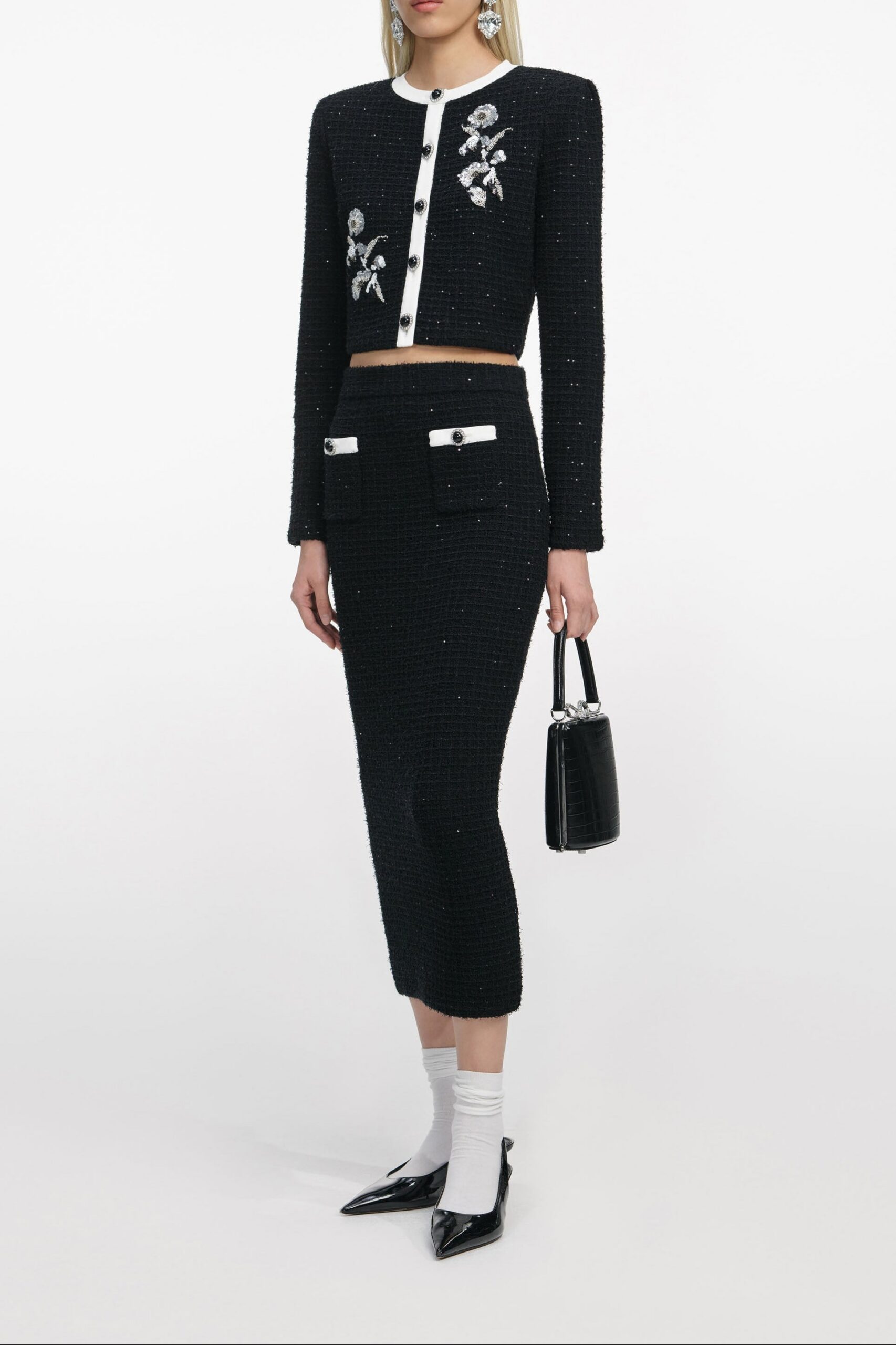 BLACK FLORAL TEXTURED KNIT BLAZER FOR EVENTS