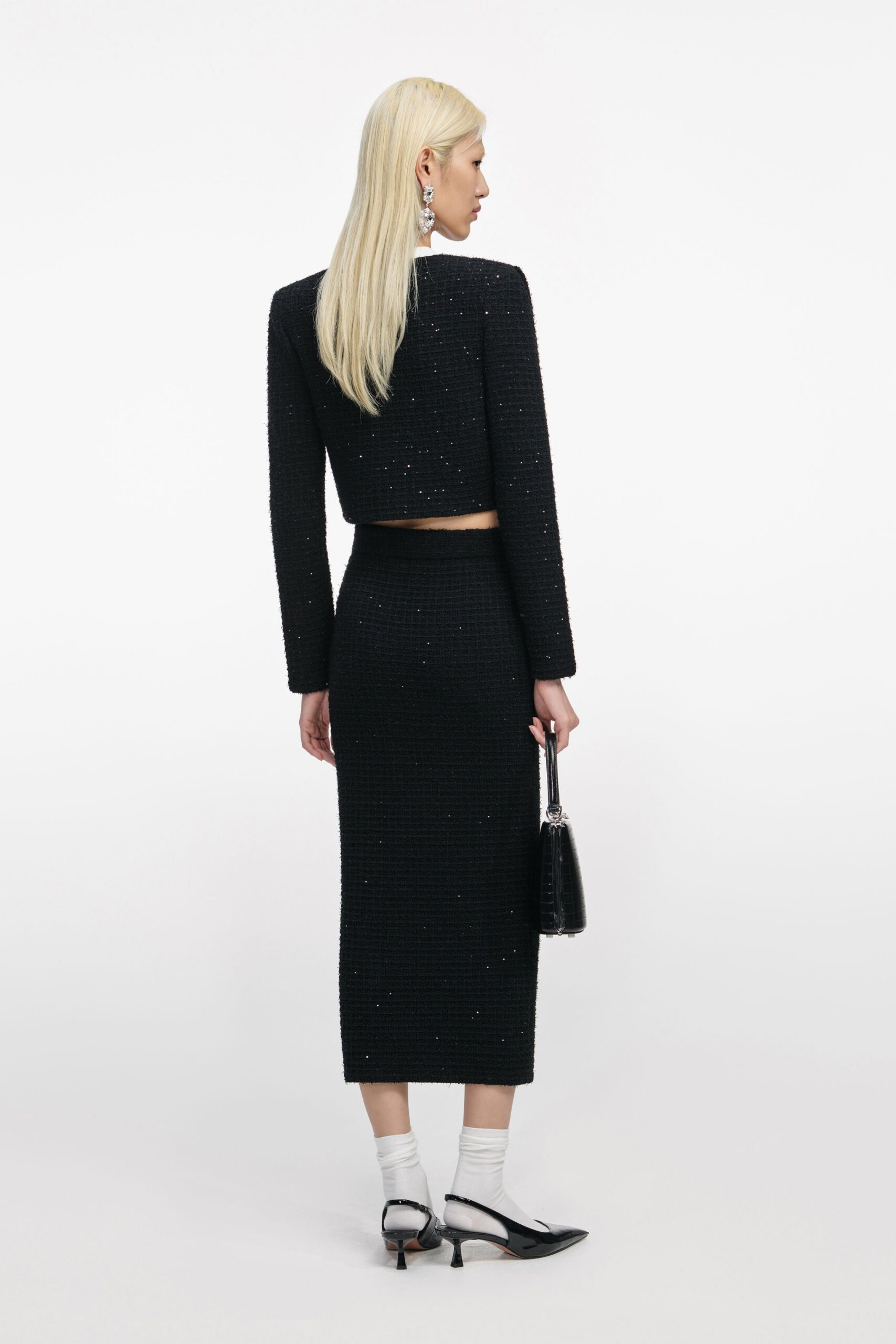 BLACK FLORAL TEXTURED KNIT BLAZER FOR EVENTS