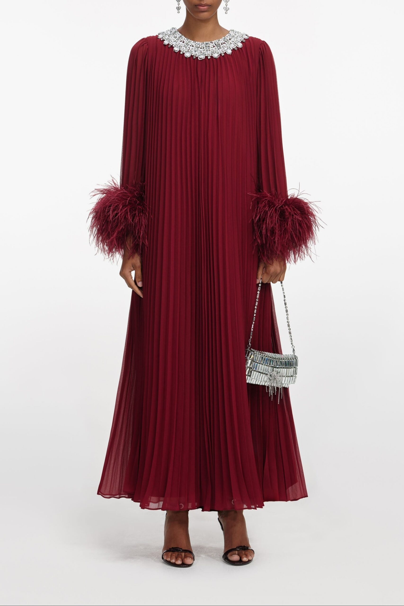 SC25-032M-BU_1 BURGUNDY CHIFFON FEATHER MIDI DRESS FOR PARTIES