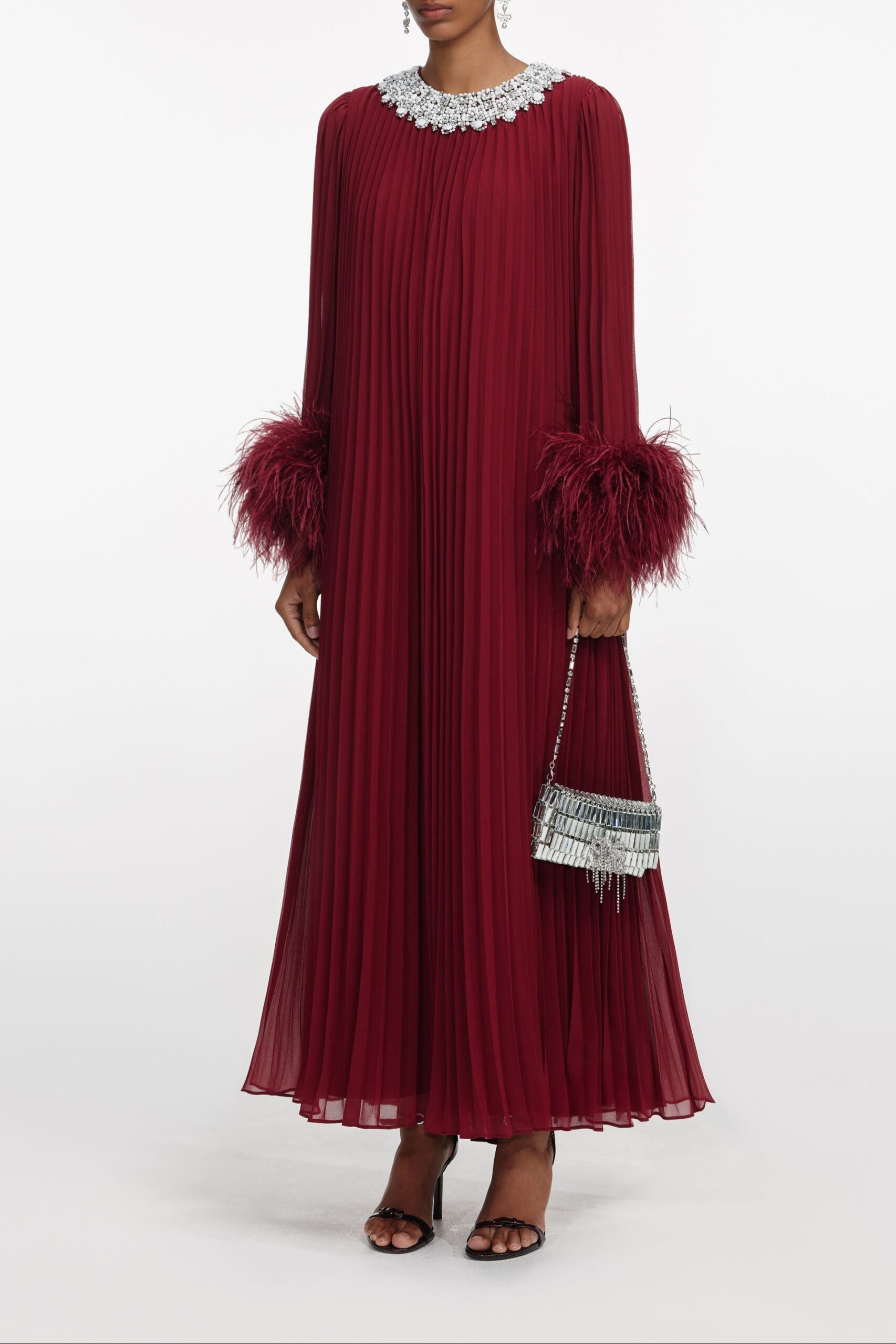 BURGUNDY CHIFFON FEATHER MIDI DRESS FOR PARTIES
