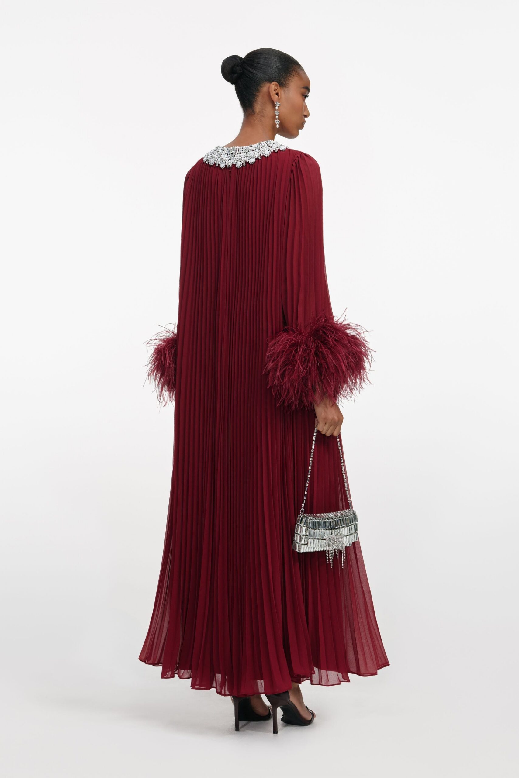 BURGUNDY CHIFFON FEATHER MIDI DRESS FOR PARTIES