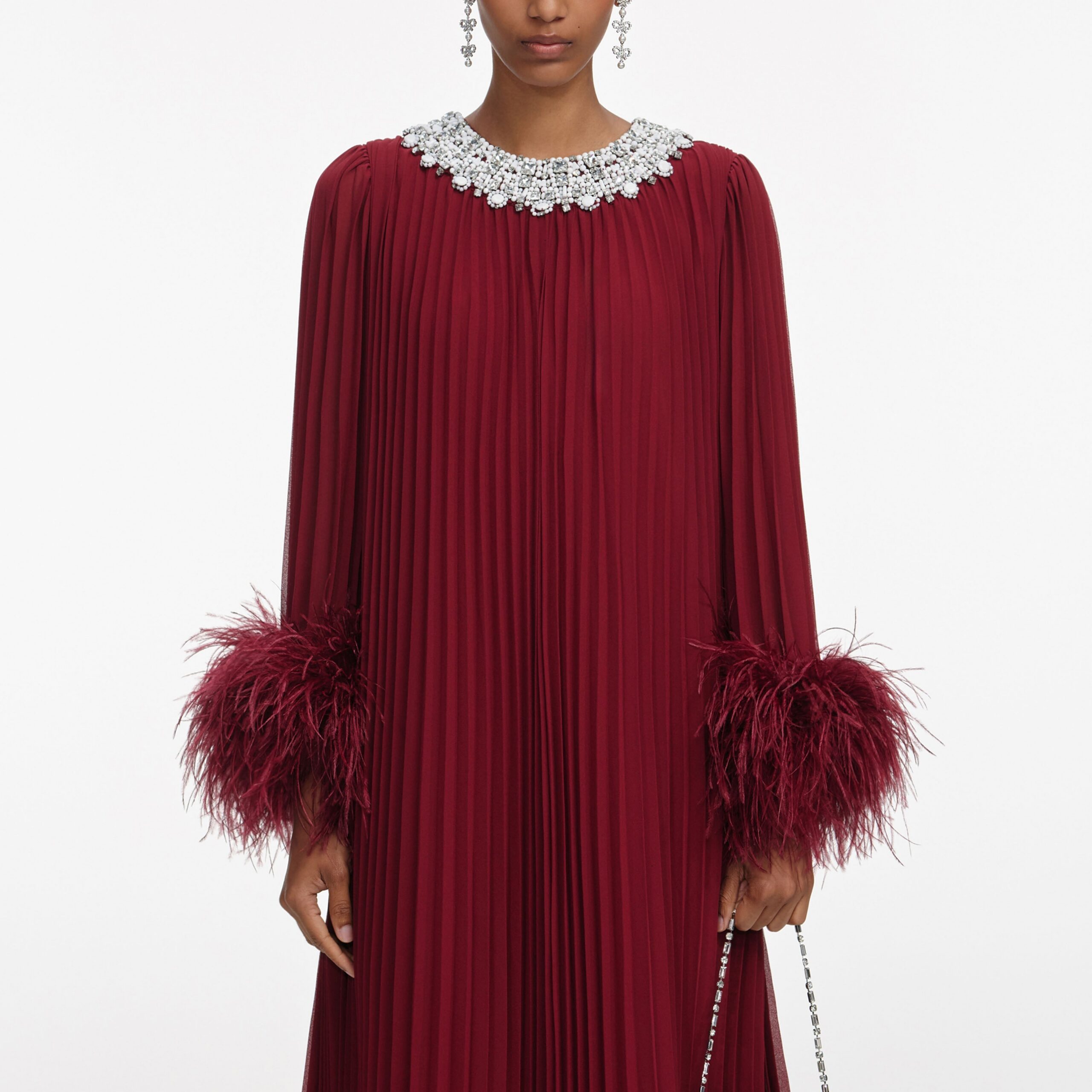 BURGUNDY CHIFFON FEATHER MIDI DRESS FOR PARTIES