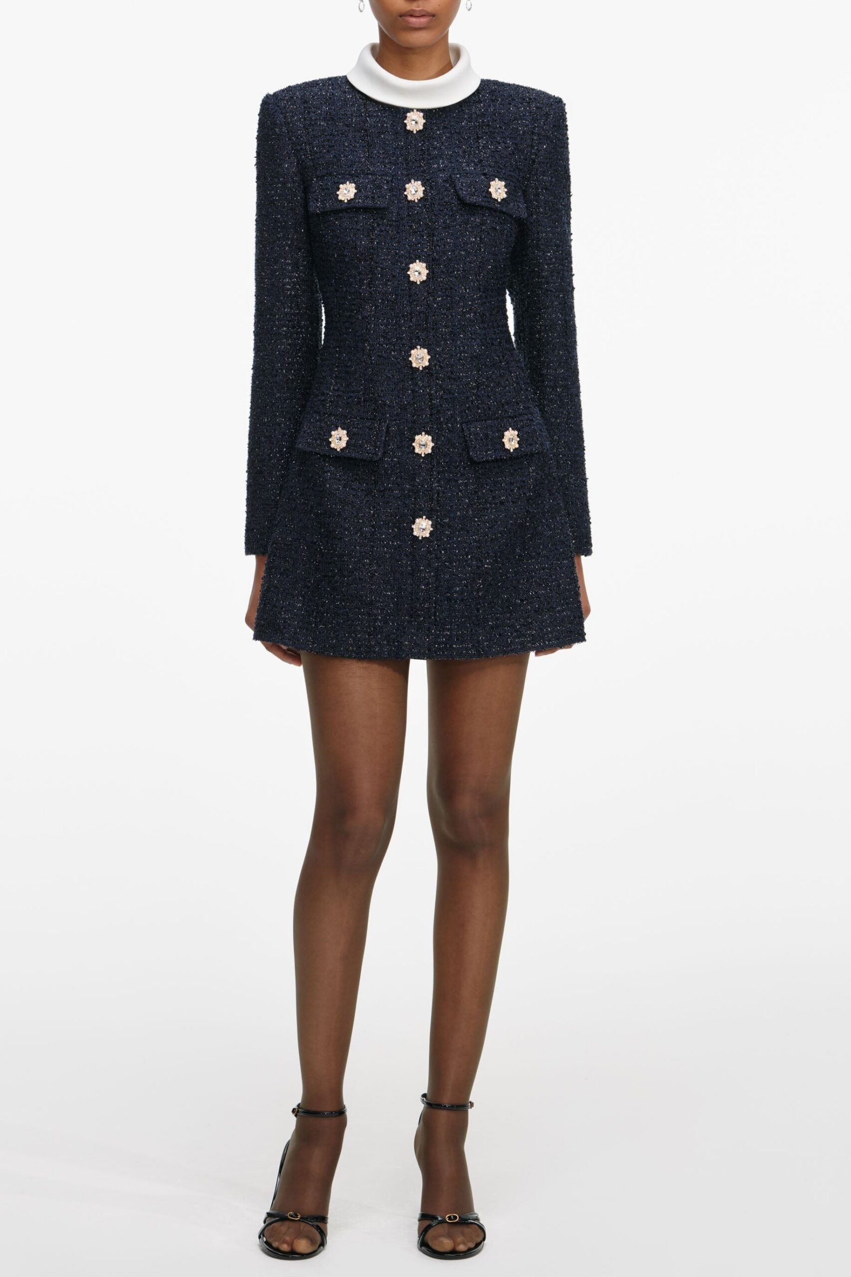 NAVY BOUCLE MINI DRESS | LONG SLEEVE COCKTAIL