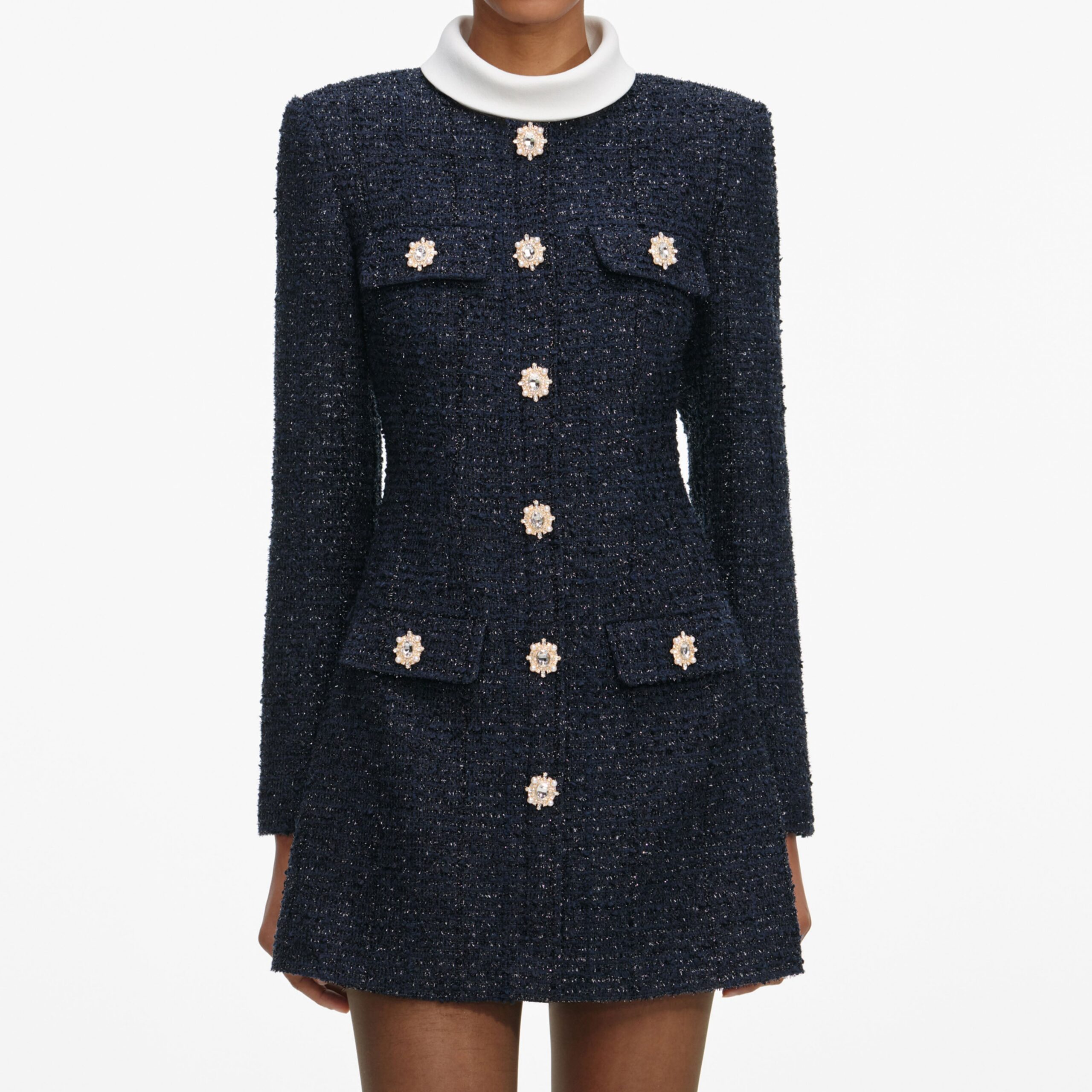 NAVY BOUCLE MINI DRESS | LONG SLEEVE COCKTAIL