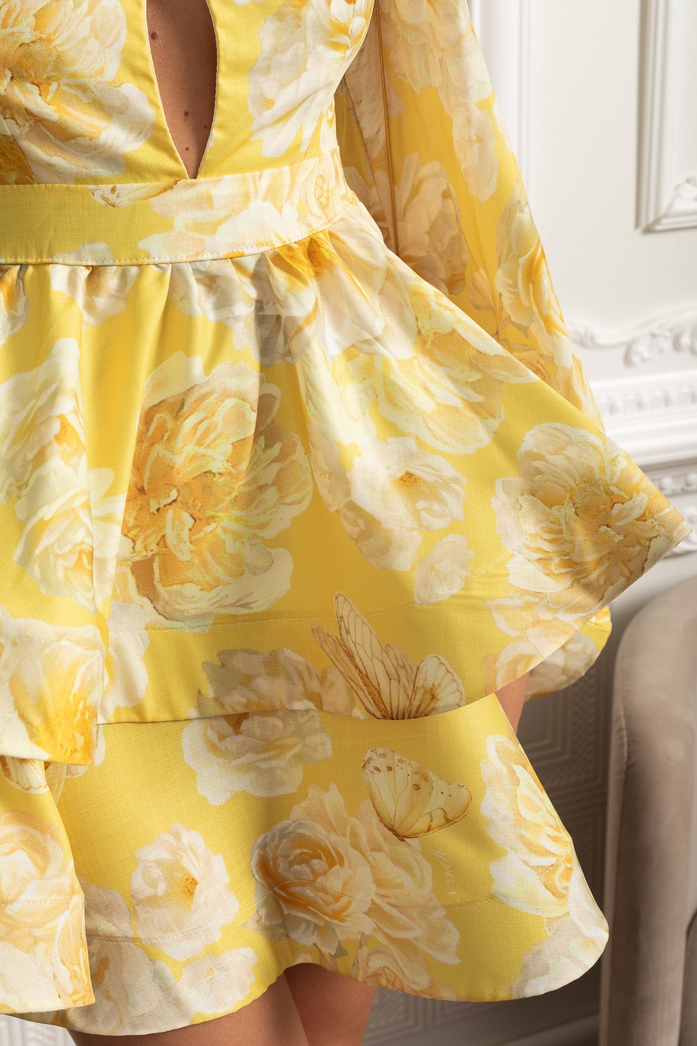 FLORAL ROMANTIC MINI DRESS, PUFF SLEEVES, YELLOW WEDDING GUEST