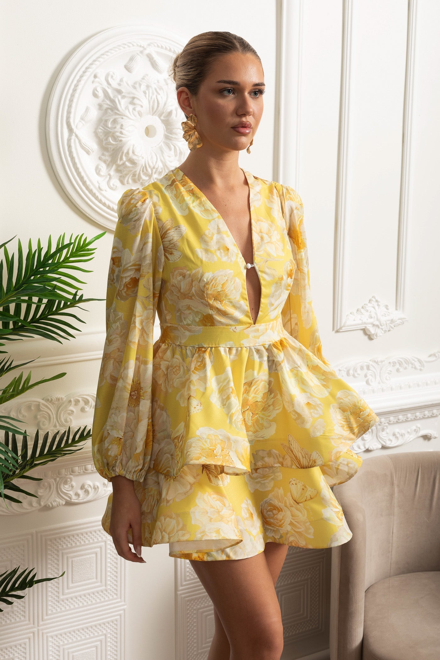 FLORAL ROMANTIC MINI DRESS, PUFF SLEEVES, YELLOW WEDDING GUEST