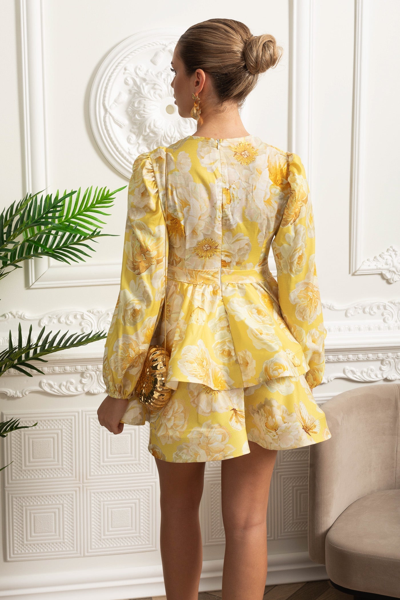 FLORAL ROMANTIC MINI DRESS, PUFF SLEEVES, YELLOW WEDDING GUEST