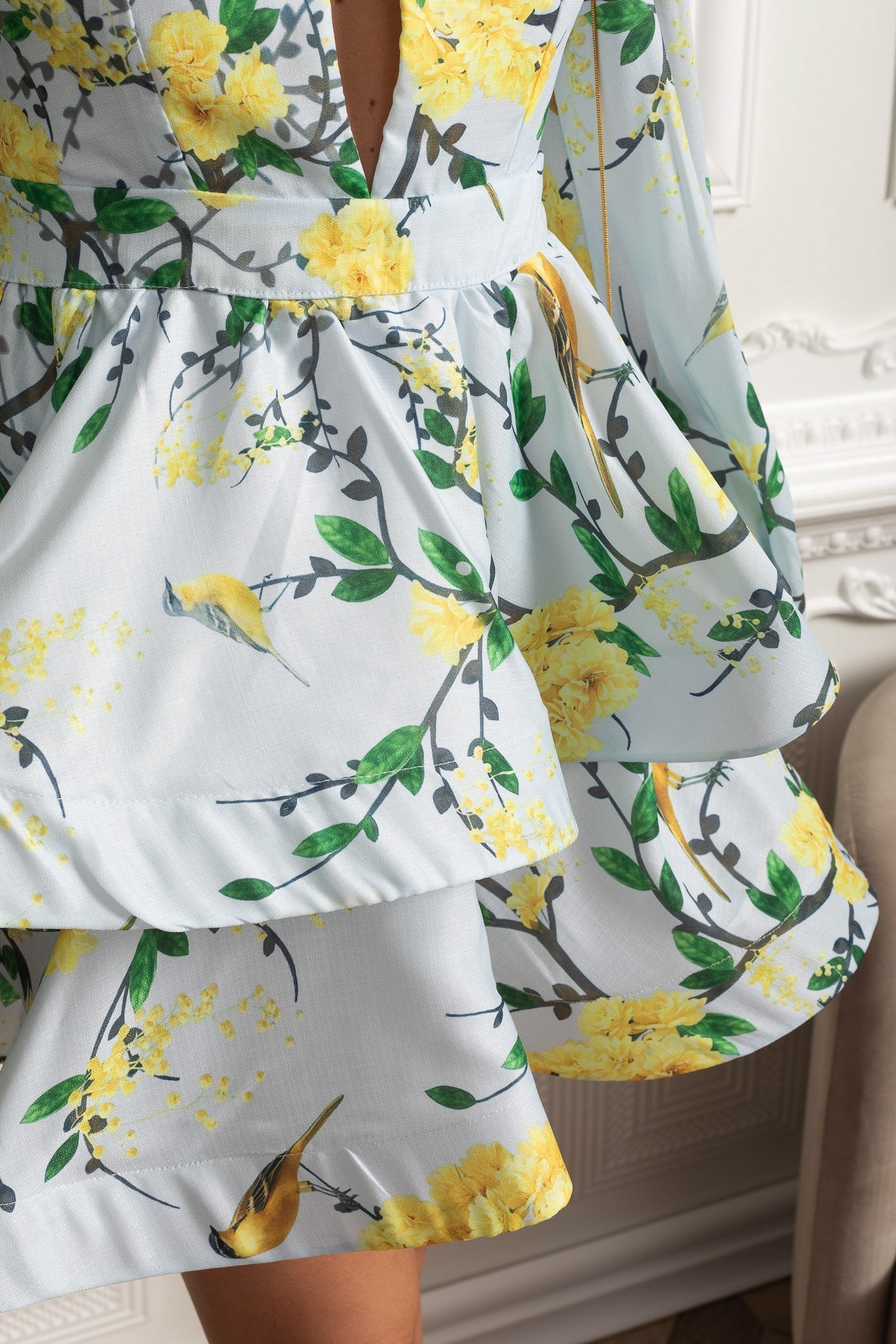 FLORAL ROMANTIC MINI DRESS, VOLUMINOUS SLEEVES, SKY BLUE, WEDDING GUEST